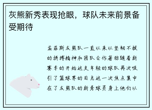 灰熊新秀表现抢眼，球队未来前景备受期待